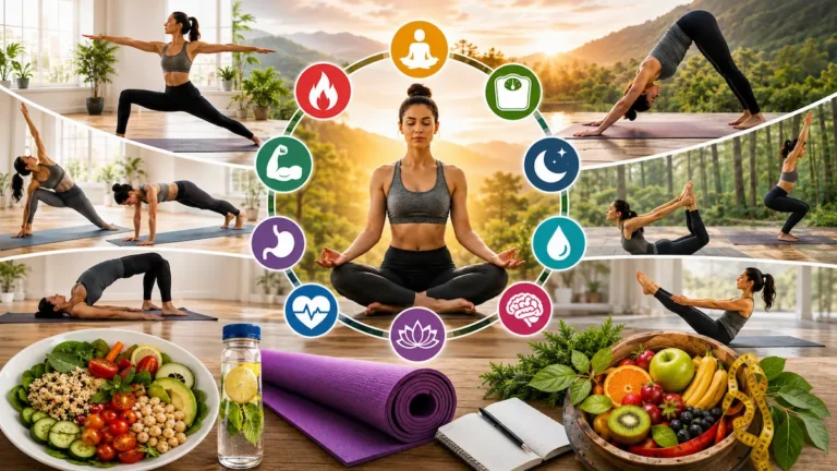Woman practicing Weight Loss Yoga at home, promoting fitness, flexibility, and healthy lifestyle with wellness concept