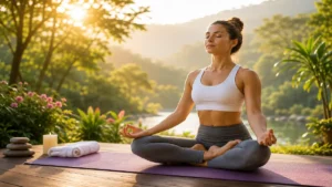 Yoga Benefits shown through a woman practicing outdoor yoga at sunrise for better flexibility, balance, strength, and stress relief.