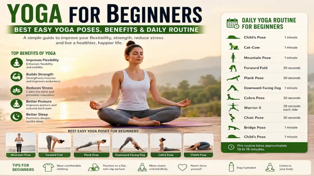 Woman practicing yoga for beginners with easy yoga poses and a daily yoga routine to improve flexibility, strength, balance, and overall wellness.