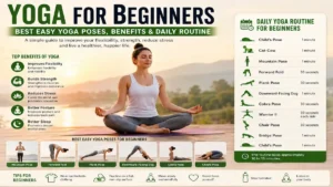 Yoga for Beginners: Best Easy Yoga Poses, Benefits & Daily Routine Woman practicing yoga for beginners with easy yoga poses and a daily yoga routine to improve flexibility, strength, balance, and overall wellness.