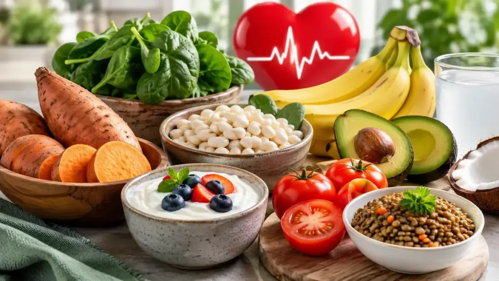 10 Potassium Rich Foods for Healthy Blood Pressure Potassium rich foods including sweet potatoes, spinach, bananas, beans, avocado, yogurt, and tomatoes for healthy blood pressure.