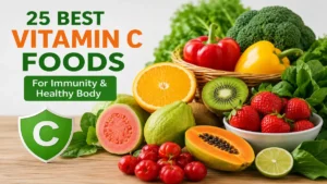 25 Best Vitamin C Foods for Immunity and Healthy Body Vitamin C Foods with oranges, kiwi, guava, broccoli, and strawberries.