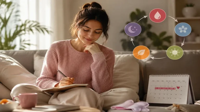 Woman tracking Menstrual Cycle Phases to improve energy, mood, and productivity.