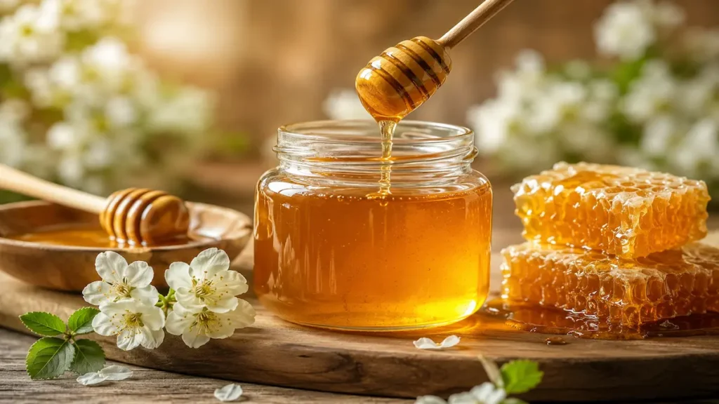 7 Science Backed Honey Benefits for Better Health Jar of natural honey with honeycomb showing science backed honey benefits for better health.