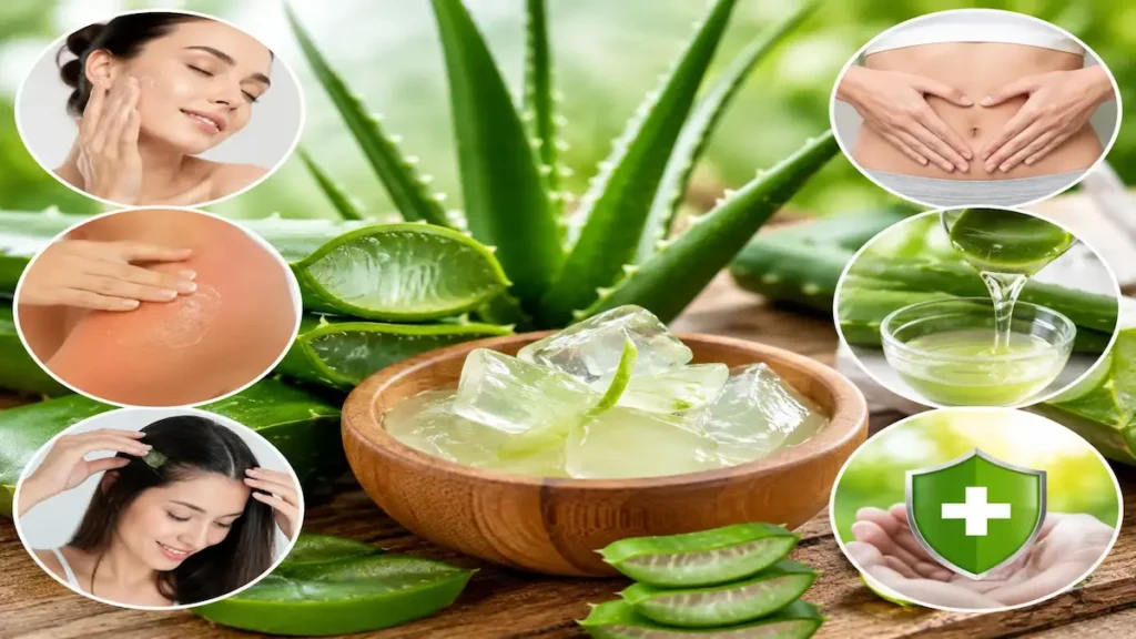Aloe Vera Benefits for Skin, Hair, Digestion and Health Aloe Vera Benefits for skin, hair, digestion and overall health with fresh aloe vera gel