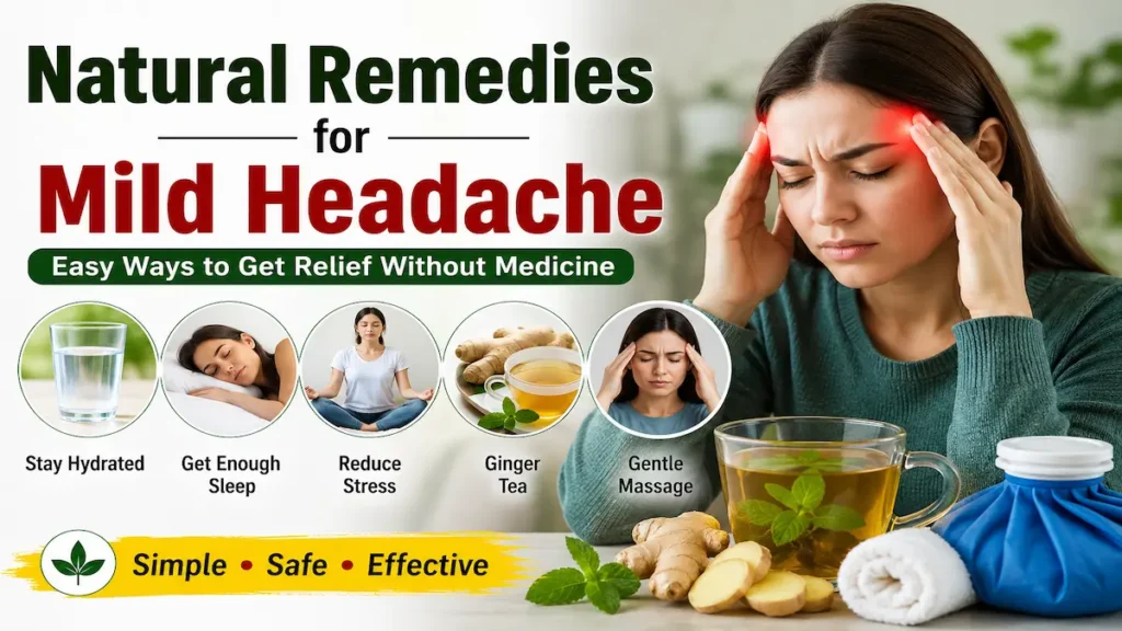 Natural home remedies for mild headache including water, ginger tea, and proper rest for fast relief