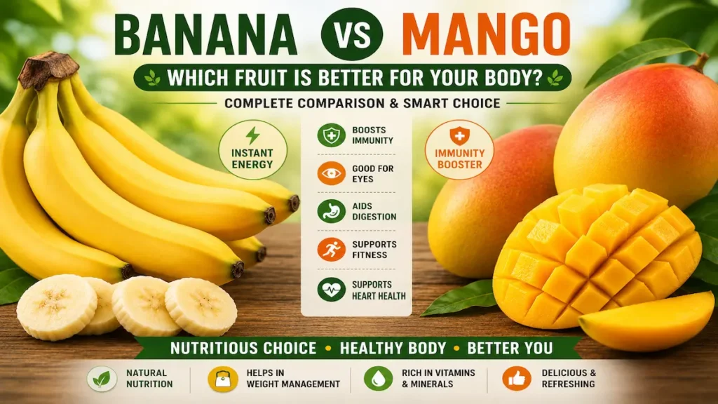 Banana vs Mango: Which Fruit Is Better for Your Body Banana vs Mango comparison showing nutrition, health benefits, vitamins, weight loss, diabetes, digestion, and fitness guide