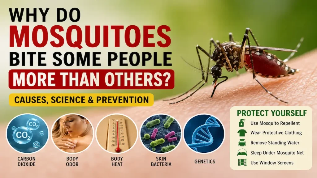 7 Surprising Reasons Mosquitoes Bite You More Mosquitoes Bite on human skin showing why some people attract mosquitoes more due to body odor, carbon dioxide, and body heat