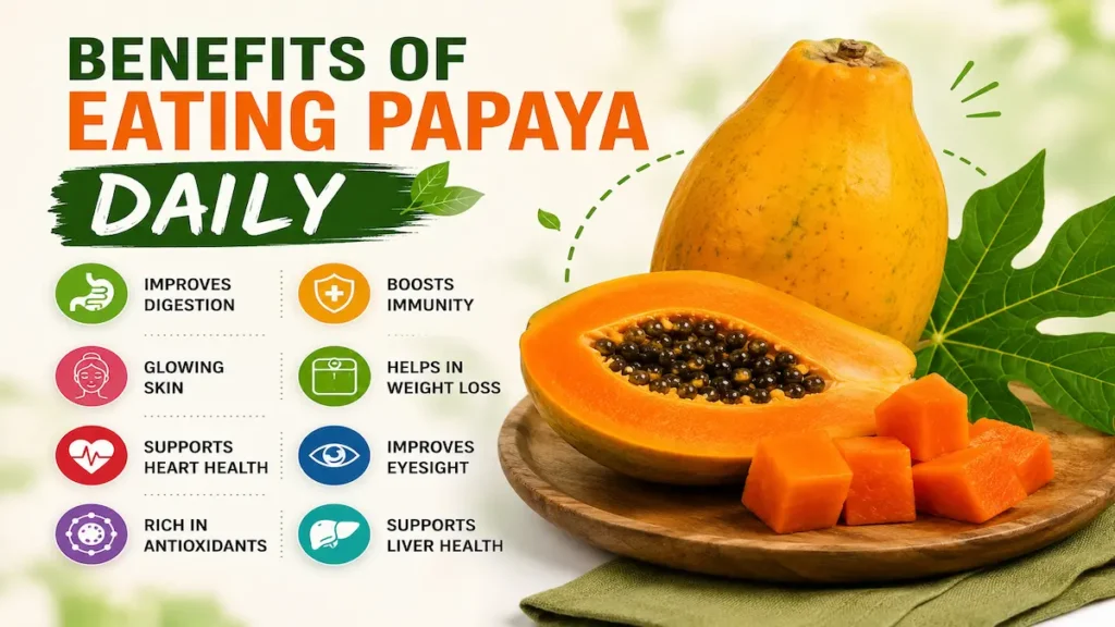 Benefits of Eating Papaya Daily: 15 Amazing Health Benefits Benefits of Eating Papaya Daily infographic showing fresh ripe papaya with health benefits including better digestion, stronger immunity, healthy skin, heart health, weight management, and eye health.