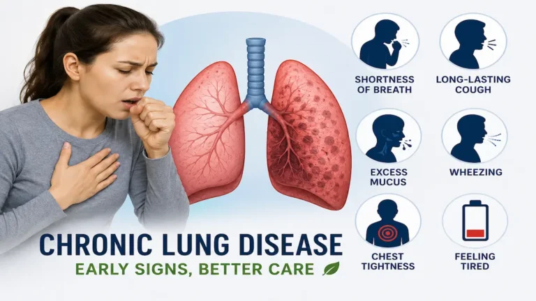 Chronic lung disease symptoms showing breathing problems, cough, wheezing, and lung health issues