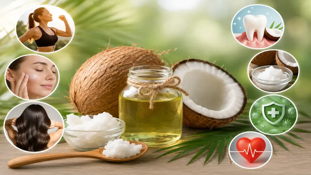 Coconut Oil Benefits for Health Skin and Hair Coconut oil benefits for healthy skin, strong hair, natural energy, oral health, and heart wellness
