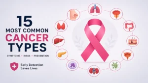 15 Most Common Cancer Types: Symptoms, Risks & Prevention Guide Common Cancer Types infographic with symptoms, risks and prevention tips