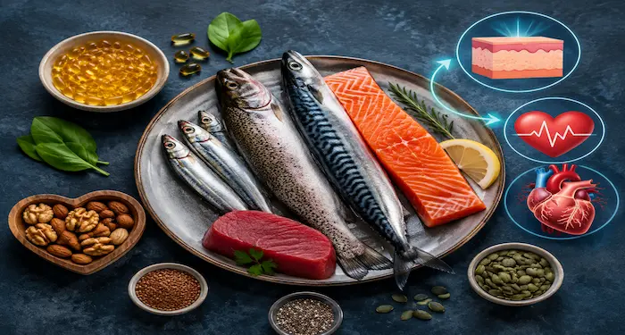 Psoriasis Diet: Best Foods for Healthy Skin Fresh omega-3 rich fatty fish including salmon, tuna, mackerel, sardines, trout, and herring.