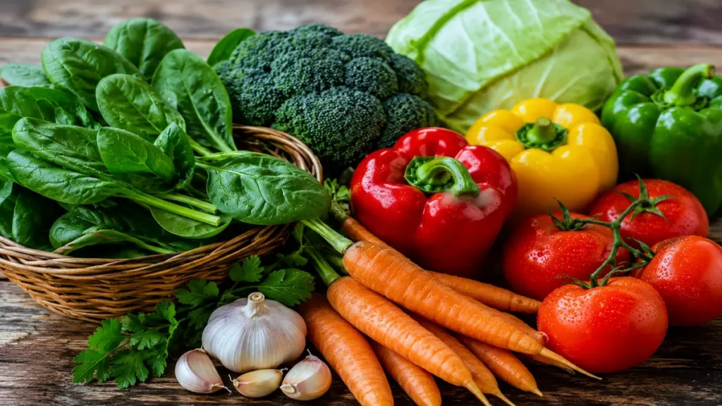 Healthiest Vegetables: 7 Vegetables You Should Eat Every Day Healthiest Vegetables including fresh spinach, broccoli, carrots, tomatoes, bell peppers, garlic, and cabbage for a balanced healthy diet