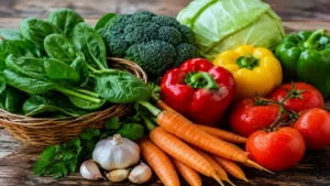 Healthiest Vegetables: 7 Vegetables You Should Eat Every Day Healthiest Vegetables including fresh spinach, broccoli, carrots, tomatoes, bell peppers, garlic, and cabbage for a balanced healthy diet
