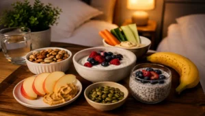 12 Healthy Late-Night Snacks for Better Sleep and Weight Management Healthy Late-Night Snacks with Greek yogurt, berries, nuts, banana, and chia pudding