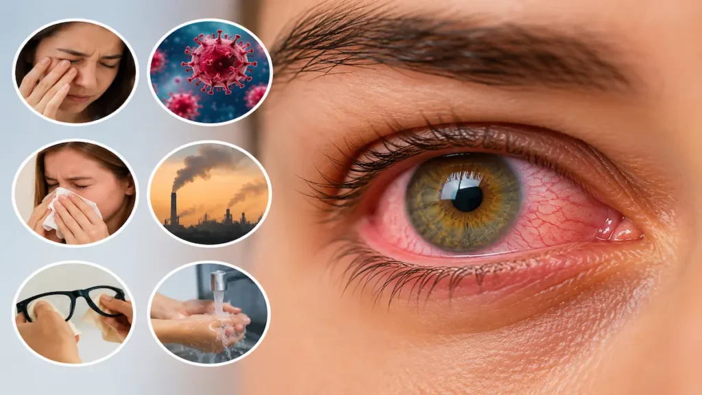 Pink Eye Symptoms Causes and Treatment Pink eye symptoms showing a red irritated eye with common causes and prevention tips.