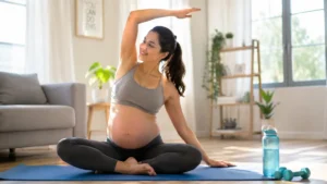 15 Best Pregnancy Exercises for a Healthy and Active Pregnancy Pregnant woman performing the Best Pregnancy Exercises at home with a yoga mat and fitness ball for a healthy pregnancy.