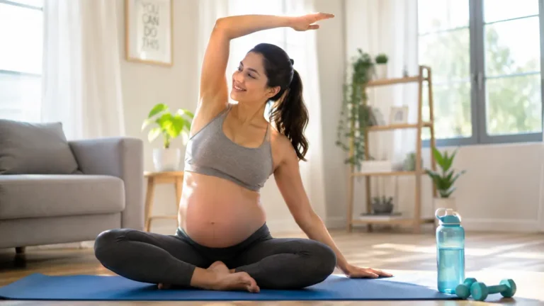 Pregnant woman performing the Best Pregnancy Exercises at home with a yoga mat and fitness ball for a healthy pregnancy.