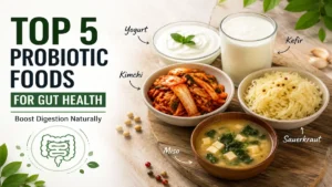 Top 5 Probiotic Foods for Gut Health Top 5 probiotic foods including yogurt, kefir, kimchi, sauerkraut, and miso for better gut health and healthy digestion