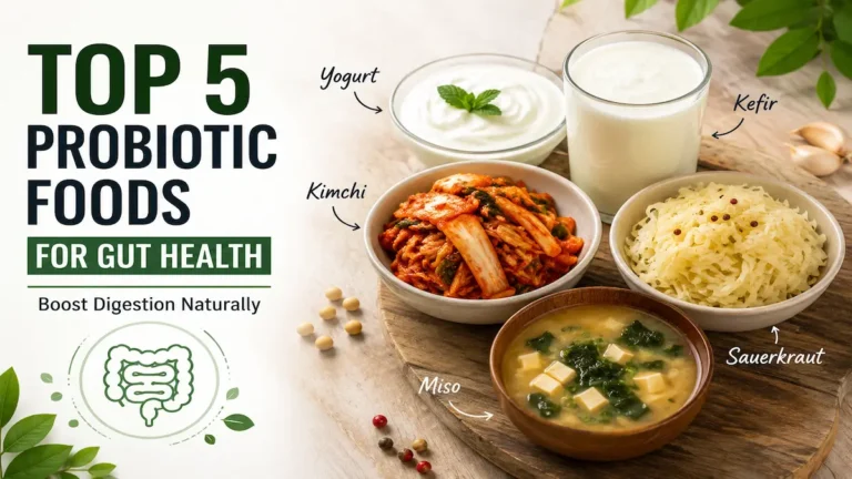 Top 5 probiotic foods including yogurt, kefir, kimchi, sauerkraut, and miso for better gut health and healthy digestion