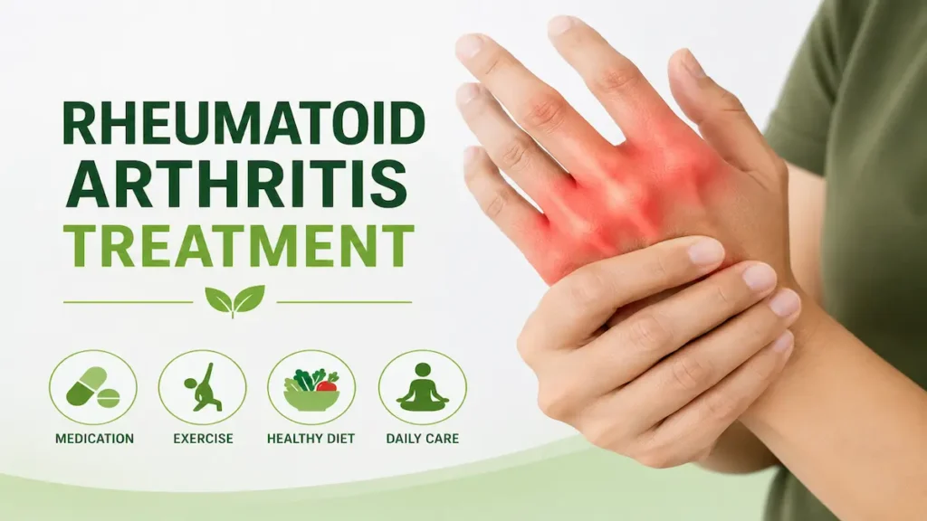 Rheumatoid Arthritis Treatment 10 Easy Ways to Reduce Joint Pain Rheumatoid arthritis treatment showing joint pain, swelling, healthy diet, exercise, medication, and daily care tips.