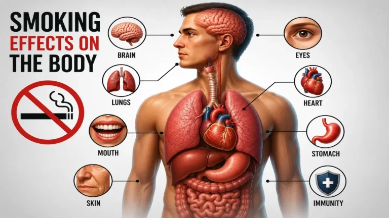 Smoking Effects on the Body infographic showing how smoking harms the lungs, heart, brain, skin, and other organs.