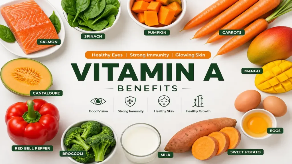 Vitamin A Benefits Best Foods Daily Needs and Deficiency Vitamin A Benefits with Best Vitamin A Foods like carrots, spinach, sweet potato, eggs, milk, and mango