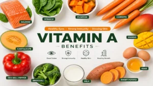 Vitamin A Benefits Best Foods Daily Needs and Deficiency Vitamin A Benefits with Best Vitamin A Foods like carrots, spinach, sweet potato, eggs, milk, and mango