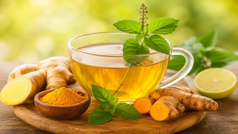 Tulsi Turmeric Ginger Tea made with fresh tulsi leaves, turmeric root, and ginger for a healthy homemade herbal tea recipe.