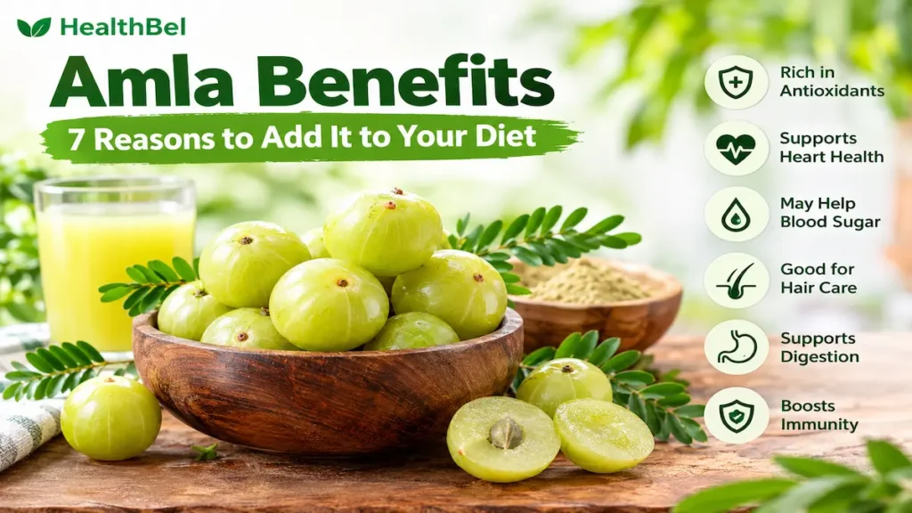 Amla benefits with fresh Indian gooseberries, leaves, juice, and amla powder.
