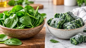 Frozen Spinach vs Fresh Spinach: 5 Essential Nutrition Facts Frozen Spinach vs Fresh Spinach: Fresh green leaves beside frost-covered frozen spinach cubes