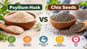 Psyllium Husk vs Chia Seeds: 7 Essential Differences Psyllium husk vs chia seeds comparison showing both fiber-rich ingredients in wooden bowls.