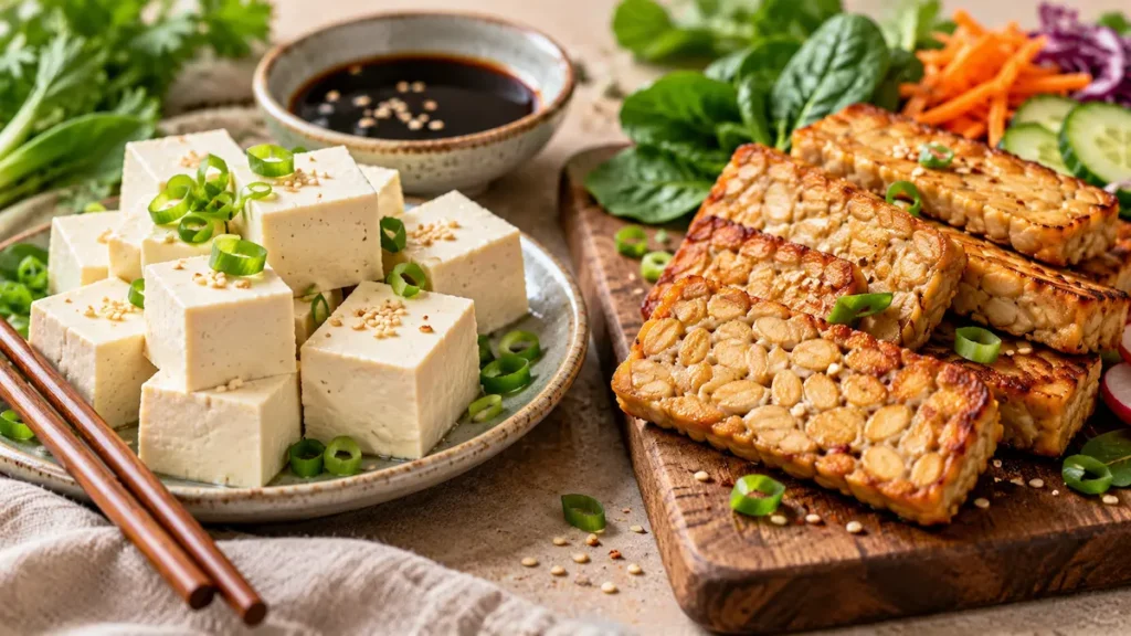 Tofu vs Tempeh: 5 Essential Differences for Better Meals Tofu vs tempeh: fresh tofu cubes and golden grilled tempeh slices with vegetables.